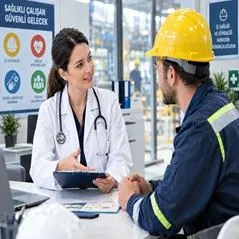 İşyeri hekimi çalışanla sağlık gözetimi görüşmesi yapıyor